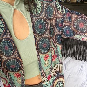 Sheer hippie fringe cover up with bohemian details in size small